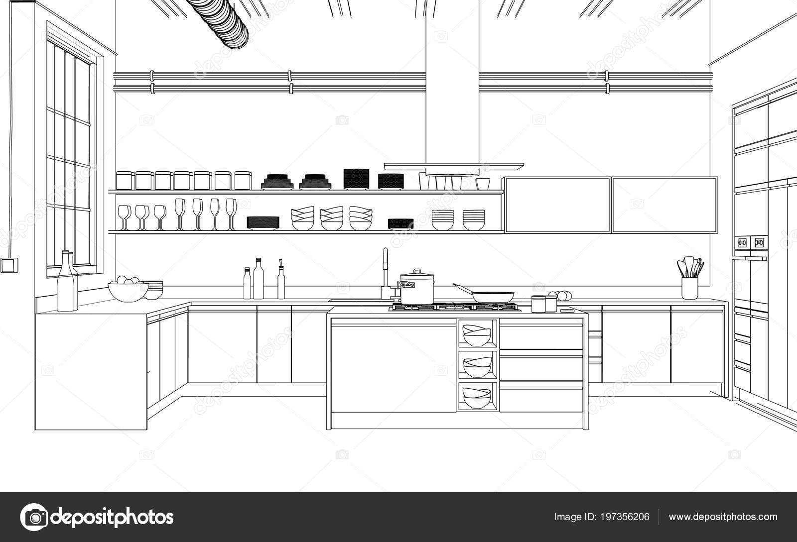 Interior Design modern Kitchen Drawing Plan Stock Photo by ...
