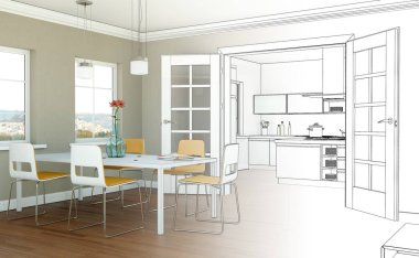 İç tasarım oturma odası çizimi geçiş fotoğraf içine