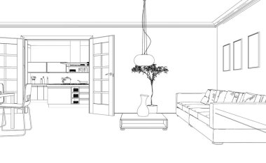 İç tasarım oturma odası özel çizim