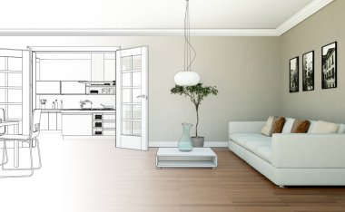İç tasarım oturma odası çizimi geçiş fotoğraf içine