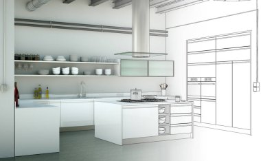 İç tasarım mutfak çizim geçiş fotoğraf içine