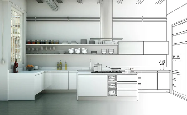 Interieur Design keuken tekening gradatie in foto — Stockfoto