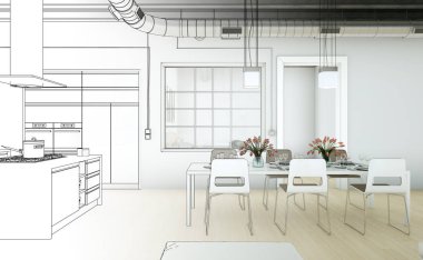 İç tasarım oturma odası çizimi geçiş fotoğraf içine