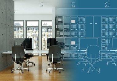 İç tasarım Office çizim geçiş fotoğraf içine