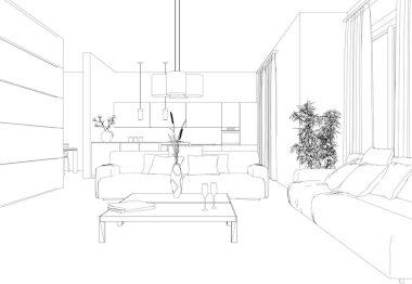 İç tasarım oturma odası özel çizim