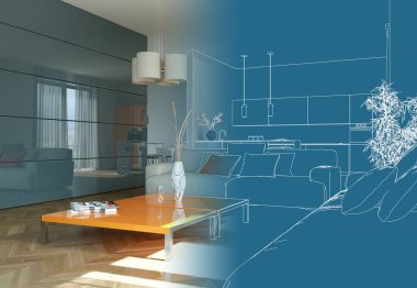 İç tasarım oturma odası çizimi geçiş fotoğraf içine