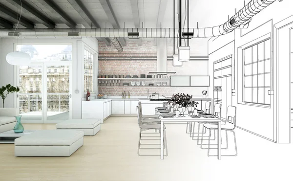 İç tasarım oturma odası çizimi geçiş fotoğraf içine