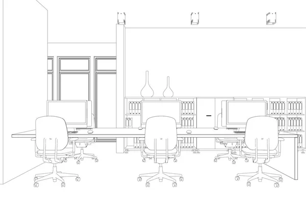 Interior Design big Office Room with desks custom Drawing — Stock Photo, Image