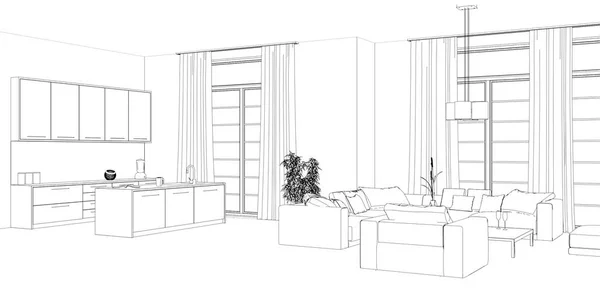 Interior Design Living Room custom Drawing — Stock Photo, Image