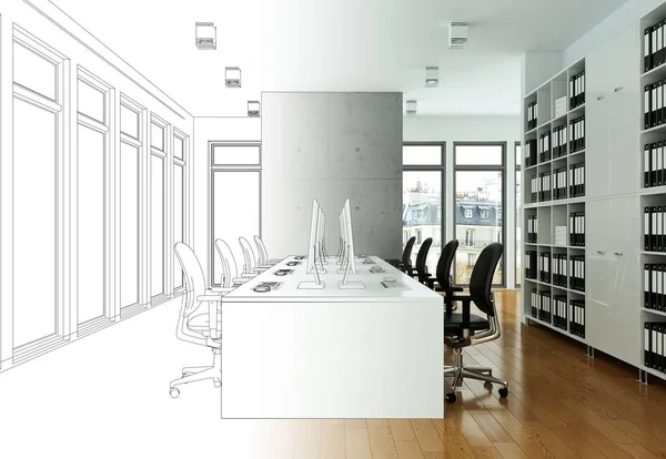 Interior Design Office Drawing Gradation Into Photograph — Stock Photo, Image