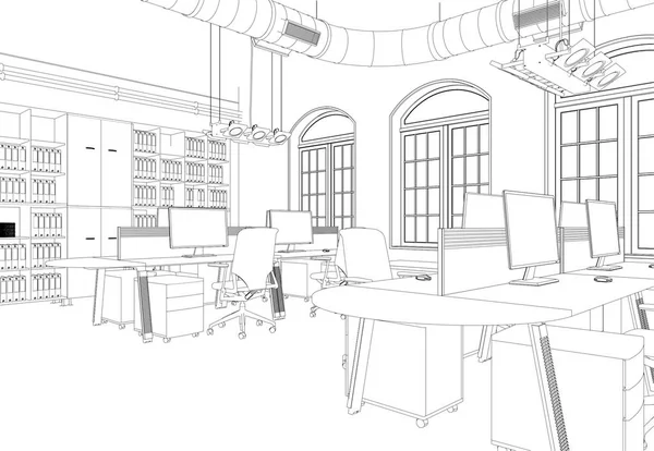 Interior Design μεγάλο δωμάτιο γραφείου με τα γραφεία συνήθειας σχεδίου — Φωτογραφία Αρχείου