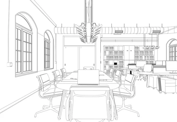 Interior Design big Office Room with desks custom Drawing — Stock Photo, Image