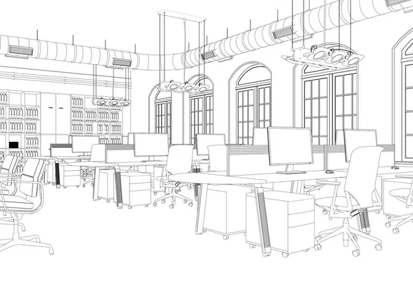 Дизайн інтер'єру велика офісна кімната з столами на замовлення Малюнок — стокове фото