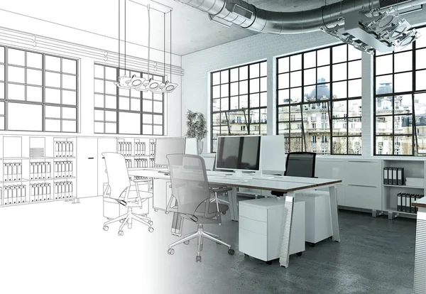 Interiérový Design Office kresba gradace do fotografie — Stock fotografie