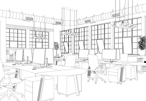 Projektowanie wnętrz duże pomieszczenie biurowe z biurka niestandardowe rysunku — Zdjęcie stockowe