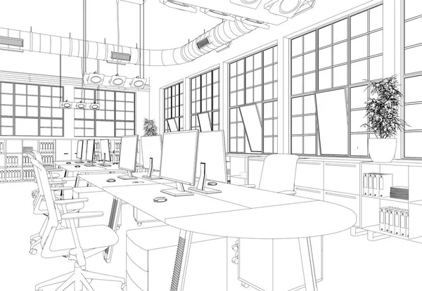 Diseño de interiores sala de oficina grande con escritorios Dibujo personalizado — Foto de Stock