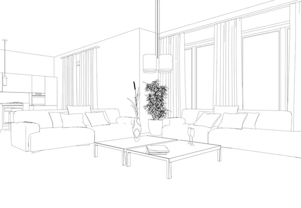 Interior Design Living Room custom Drawing — Stock Photo, Image