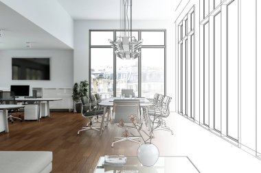 İç tasarım Office çizim geçiş fotoğraf içine 3d çizim