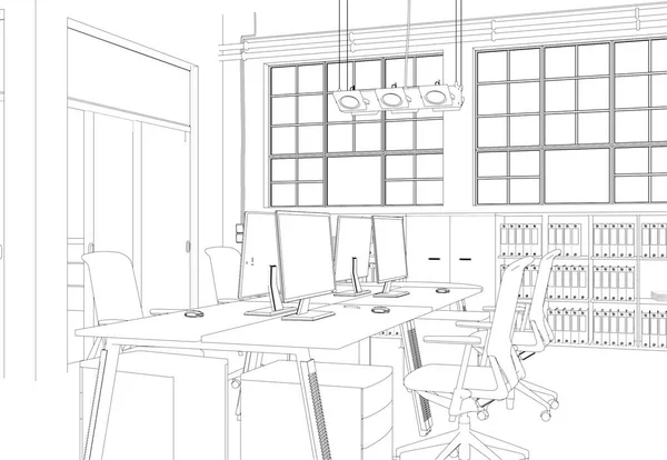 Interior Design big Office Room with desks custom Drawing — Stock Photo, Image