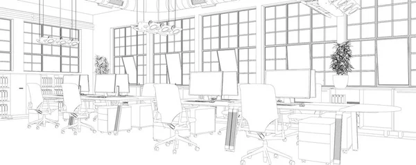 Inredning stora kontorsrum med skrivbord anpassade ritning — Stockfoto