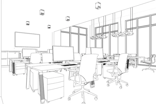 Design d'intérieur grande salle de bureau avec bureaux dessin personnalisé — Photo