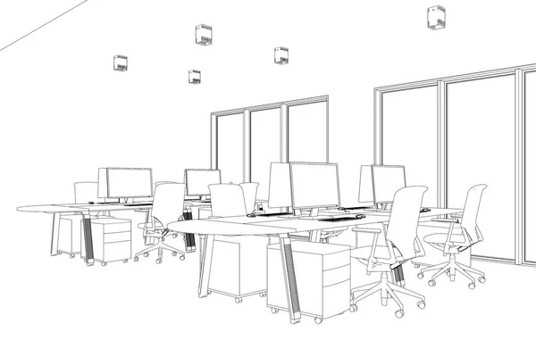 Design interiéru velké místnosti úřadu s stoly vlastní kreslení — Stock fotografie