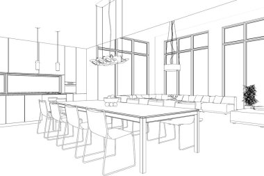 İç tasarım modern Loft yemek odası özel çizim