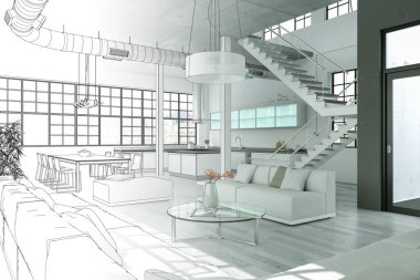 İç tasarım Modern Loft çizim geçiş fotoğraf içine