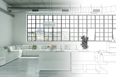 İç tasarım Modern Loft çizim geçiş fotoğraf içine