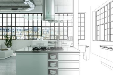 İç tasarım Modern Loft çizim geçiş fotoğraf içine