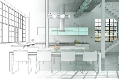 İç tasarım Modern Loft çizim geçiş fotoğraf içine