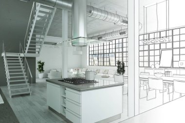 İç tasarım Modern Loft çizim geçiş fotoğraf içine