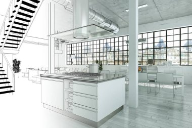 İç tasarım Modern Loft çizim geçiş fotoğraf içine