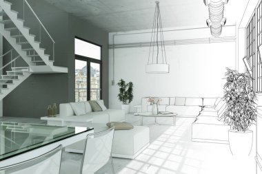 İç tasarım Modern Loft çizim geçiş fotoğraf içine