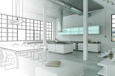 İç tasarım Modern Loft çizim geçiş fotoğraf içine