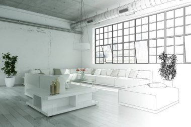 İç tasarım Modern Loft çizim geçiş fotoğraf içine