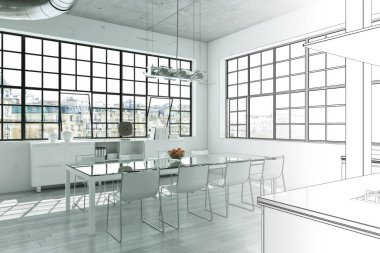 İç tasarım Modern Loft çizim geçiş fotoğraf içine