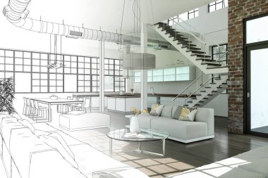 İç tasarım Modern Loft çizim geçiş fotoğraf içine