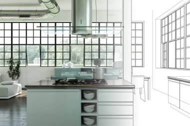 İç tasarım Modern Loft çizim geçiş fotoğraf içine