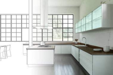 İç tasarım Modern Loft çizim geçiş fotoğraf içine