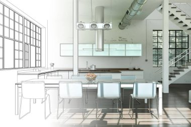 İç tasarım Modern Loft çizim geçiş fotoğraf içine