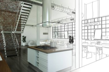 İç tasarım Modern Loft çizim geçiş fotoğraf içine