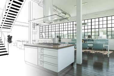 İç tasarım Modern Loft çizim geçiş fotoğraf içine