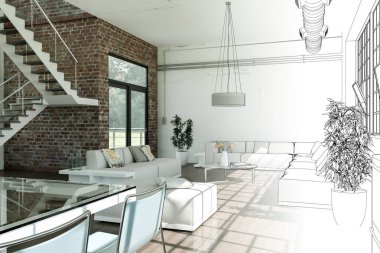 İç tasarım Modern Loft çizim geçiş fotoğraf içine