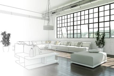 İç tasarım Modern Loft çizim geçiş fotoğraf içine