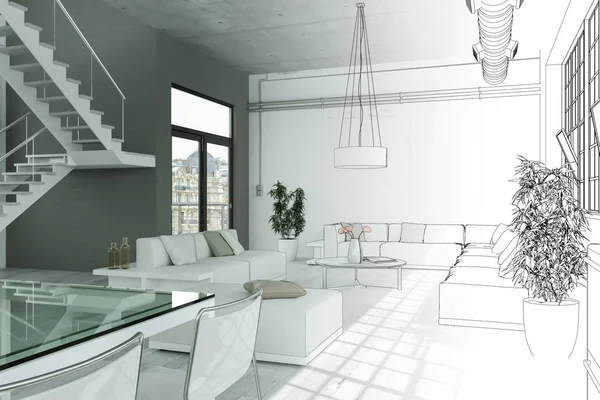 Interior Design Modern Loft Drawing Gradation Into Photograph — Stock Photo, Image