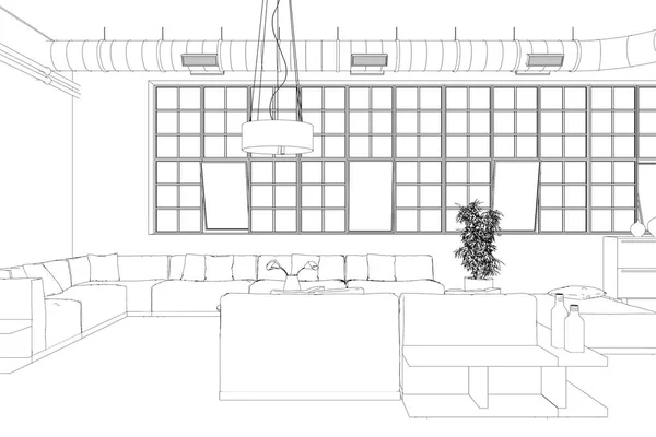 인테리어 디자인 현대 로프트 사용자 지정 그리기 — 스톡 사진