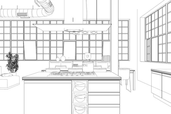 インテリア デザイン モダンなロフト キッチン カスタム描画 — ストック写真