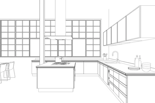 Diseño de interiores moderno Loft Cocina Dibujo personalizado — Foto de Stock