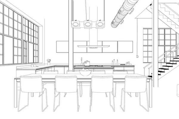 Projektowanie wnętrz nowoczesne kuchnia Loft niestandardowe rysunku — Zdjęcie stockowe